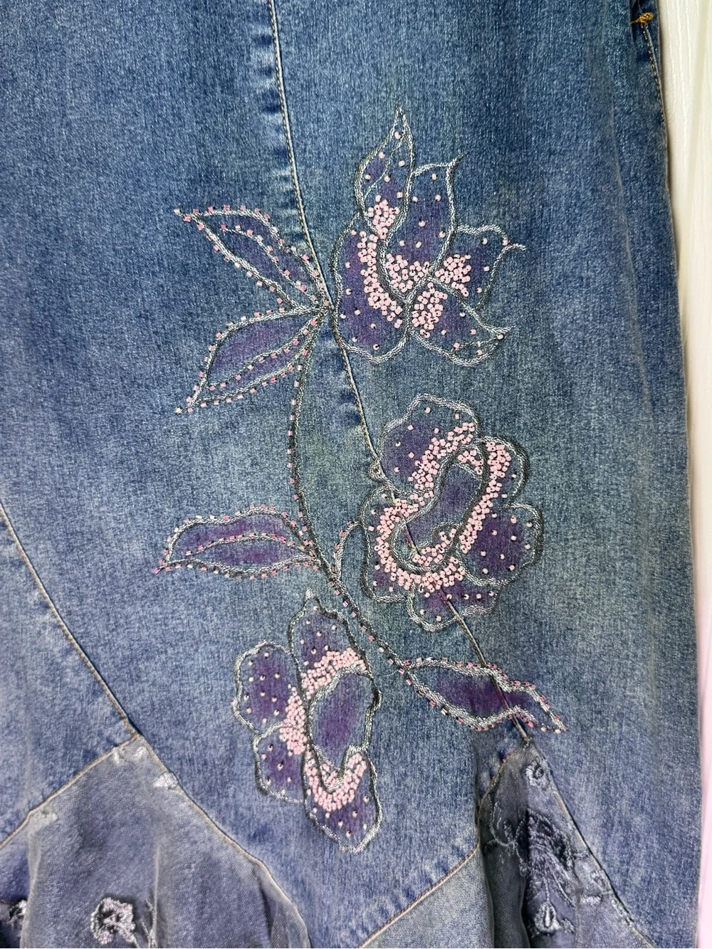 Vintage Free Party Jeans Floral Embroidered Tulle Hem Denim Skirt - Size L